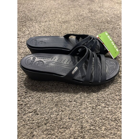 Crocs Rubber Rhonda Women Sandals Size 11 Navy Blue Wedge Slip On Slides - Picture 1 of 9